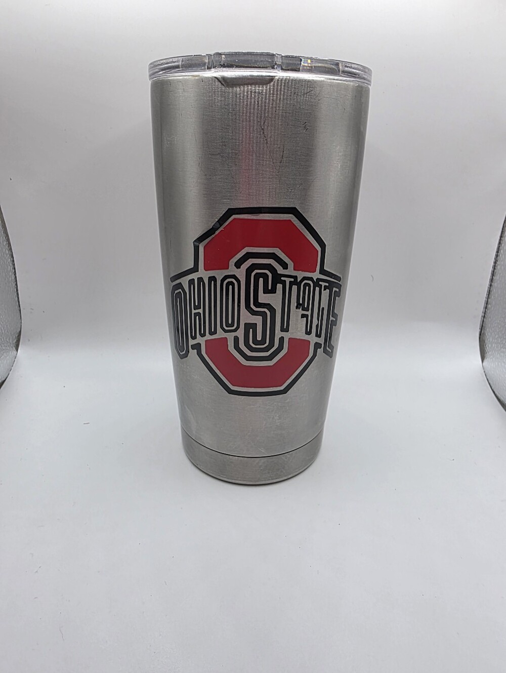 Yeti Silver Travel Tumbler with Red Ohio State Logo